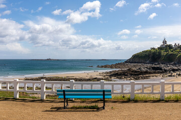 Bench in Saint-Quay-Portrieux waterfront, Cotes d'Armor, Brittany, France