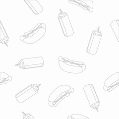 Hot Dog, Mustard and Ketchup Pattern. Vector seamless pattern or background with Hot Dogs, Mustard and Ketchup bottles