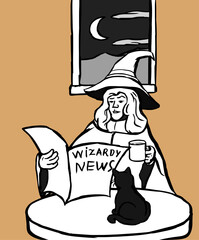 Black and white vector illustration of witch sitting at a table with a cup of coffee and reading a newspaper. A black cat is sitting on the table. Outside the window is a night landscape with a moon.