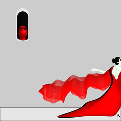 A woman in a long red gown walks out of the frame of the image.
