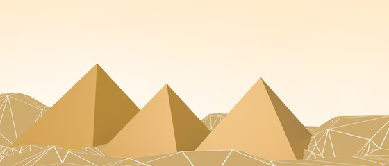 Pyramids egypt of Giza and Origami Paper with Low poly art Concept on orange. Dry desert under sun, banner, website, Copy Space, poster, Card -3d Rendering