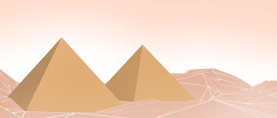 Pyramids egypt of Giza and Origami Paper with Low poly art Concept on Red .banner, website, Copy Space, poster, Card -3d Rendering