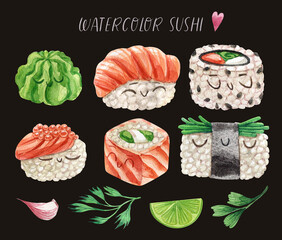 Cute watercolor Delicious sushi. Watercolor illustrations Asian  food of cartoon sushi