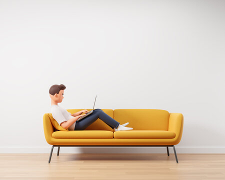 Cartoon character man lying on the yellow couch at minimal interior and use laptop. Quarantine work at home concept.