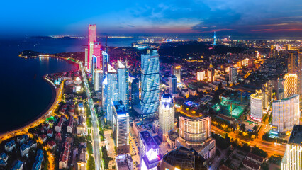 Aerial photography of Qingdao city coastline architectural landscape night view
