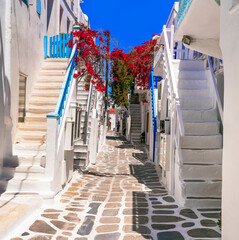 Greece , Cyclades. Charming whitewashed narrow streets of beautiful Mykonos island. typical cycladic architecture