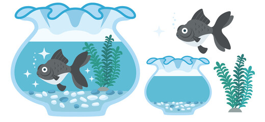 Naklejka premium 金魚（出目金）と金魚鉢のイラスト素材