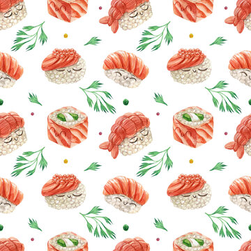 Cute Cartoon Sushi and roll repeating seamless pattern. Watercolor