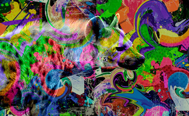 farbenfrohe künstlerische Hyäne mit hellen Farbspritzern auf weißem Hintergrund. © reznik_val