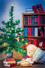 Christmas Celebration with Book / Books reading teddy bear on floor home with sweet cake wear pajama under christmas tree