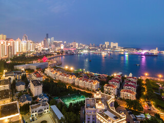 Fototapeta na wymiar Aerial photography of Qingdao city coastline architectural landscape night view