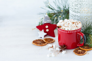 Hot winter drink: delicious warm chocolate with marshmallow and cinnamon. Holiday atmosphere, festive mood, fir tree branches as decor. White background, christmas lights, close up