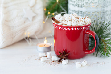 Hot winter drink: delicious warm chocolate with marshmallow and cinnamon. Holiday atmosphere, festive mood, fir tree branches as decor. White background, christmas lights, close up