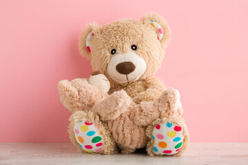 Brown teddy bear mother sitting and holding her baby on table at light pink wall background....