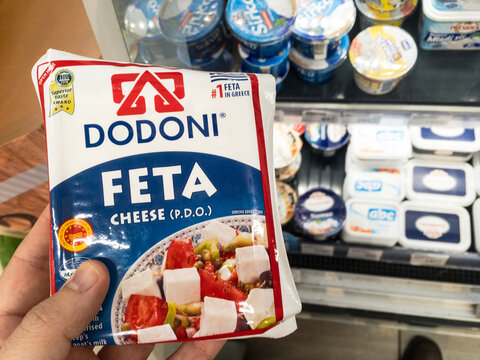 BELGRADE, SERBIA - JUNE 1, 2021: Logo of Dodoni dairy industry on a feta cheese for sale in Belgrade. Dodoni is a Greek corporation producing cheese, milk and dairy products...