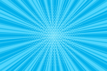 Pop art comic pattern. Halftone starburst background. Blue dotted print. Cartoon vintage texture. Geometric duotone banner with half tone effect. Gradient design. Vector illustration.