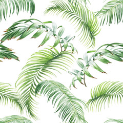 Watercolor tropical seamless pattern with palm leaves. Watercolour exotic design, hand drawn illustration, repeating background.
