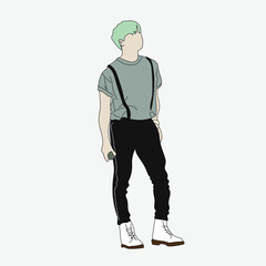 Vector illustration of Kpop street fashion. Street idols of Koreans. Kpop men's fashion idol.A guy with suspenders and white shoes.
