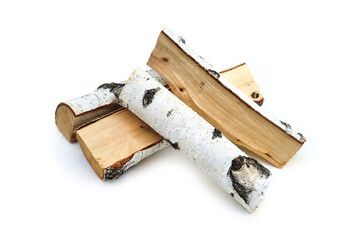 Firewood isolated on white background with clipping path. Wooden birch logs, bonfire. Close-up,...