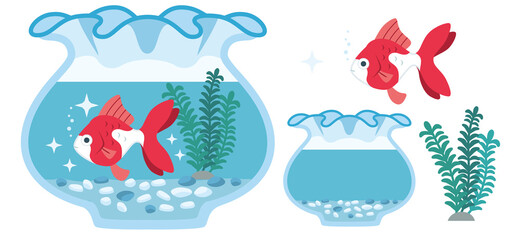 金魚（琉金）と金魚鉢のイラスト素材
