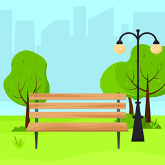 Flat vector illustration of park bench and street lamp in the city park in the summer. Cityscape in the background.