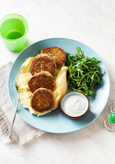 vegan lentil cutlets without meat with potatoes and salad. healthy eating