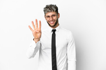 Business caucasian man isolated on white background happy and counting four with fingers