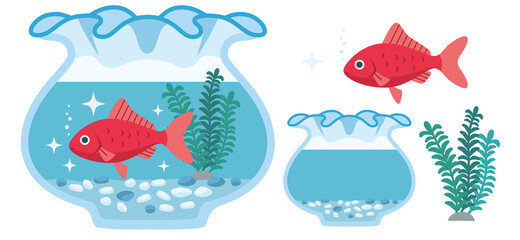 金魚（和金）と金魚鉢のイラスト素材