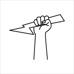 Lightning holding in hand. Vector illustration flat design. Gesture with a fist. Symbol of victory and leader. Power icon Isolated on white background. color editable