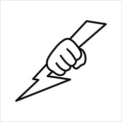 Lightning holding in hand. Vector illustration flat design. Gesture with a fist. Symbol of victory and leader. Power icon Isolated on white background. color editable