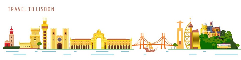 Obraz premium Lisbon city touristic historical landmarks and monument. Travel to Lisbon colorful vector illustration.