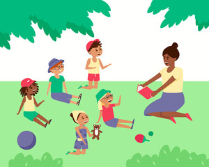 The teacher reads a book to children in nature. Boys and girls listen to an interesting story. Relax while walking in the park. International children in headdresses. Flat vector illustration.