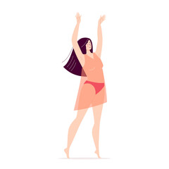 Dancing happy young woman. Disco, sports activity, fitness, movement. Love to yourself and your body. Illustration in flat style isolated on white background