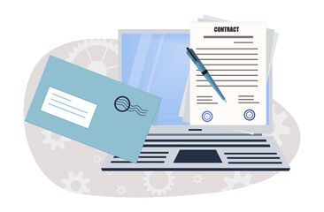 Electronic contract with a smart, digital, signature. Concept for approving and signing an online agreement or partnership deal with secure transactions. Verified certificate in the workplace. Vector