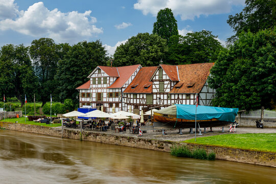 The historic harbor of Wanfried at the Werra River in Wanfried Germany