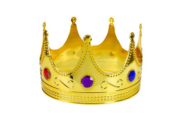 Golden toy crown on white background, isolated image