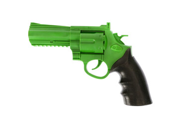 Green pistol with black handle, on white background, isolated image
