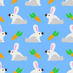 Bunny and carrot seamless pattern cute flat illustrations on blue background