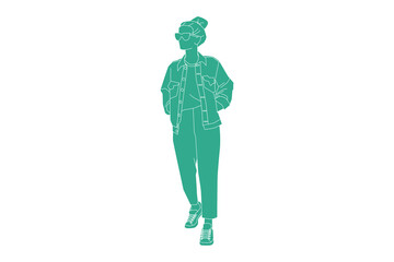 Vector illustration of casual woman on the sideroad wearing denim jacket, Flat style with outline