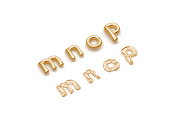 Inflated, deflated gold m n o p letters, balloon font