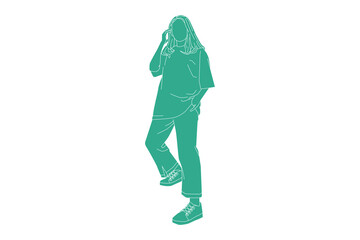 Vector illustration of casual woman Woman posing in her t-shirt, Flat style with outline