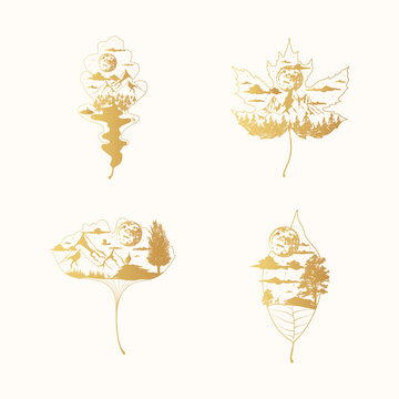 Golden mystical maple, oak, elm and ginkgo biloba leaves collection. Celestial leaf with mountain, clouds, moon and forest. Gold magic tattoo concept.