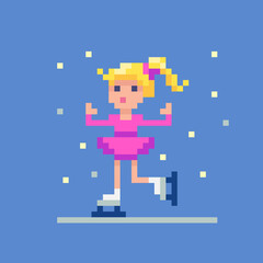 The girl is skating. Child character in pixel art style.