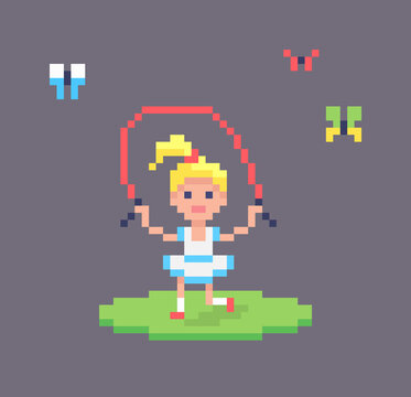 Girl Jumping Rope. Child Character In Pixel Art Style.