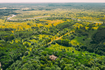 Obraz premium Dziemjanki, Gomel Region, Belarus. Aerial View Of Abandoned Dilapidated Manor House Gerard Nicholas Chernobyl Resettlement Zone. Chornobyl Catastrophe Disasters. Local Landmark And Heritage
