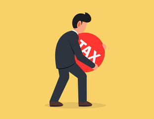 Businessman holding a big red ball with Tax. High Taxes Burden, Financial Load Concept.