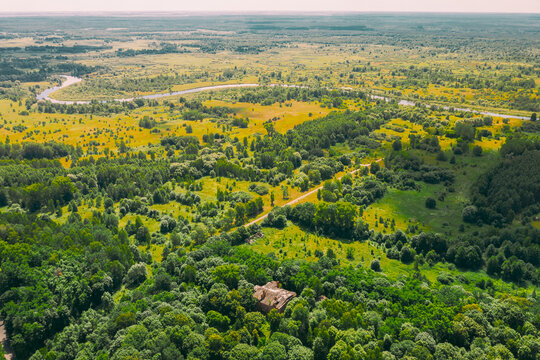 Dziemjanki, Gomel Region, Belarus. Aerial View Of Abandoned Dilapidated Manor House Gerard Nicholas Chernobyl Resettlement Zone. Chornobyl Catastrophe Disasters. Local Landmark And Heritage