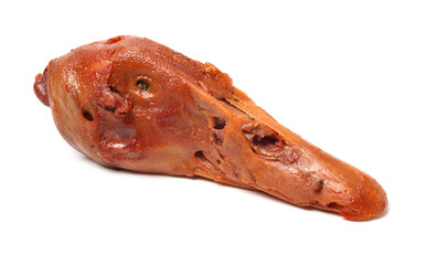 Duck head with marinated sauce on white background