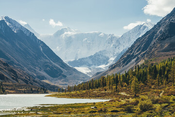 Scenic landscape with mountain lake in sunlit golden valley in autumn colors with view to beautiful high snowy mountains. Awesome scenery with autumn valley in sunshine and great snow mountain wall.