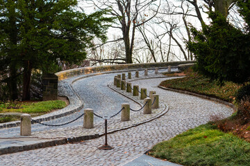 Winding road through Fort Tryon Park, Upper Manhattan, New York